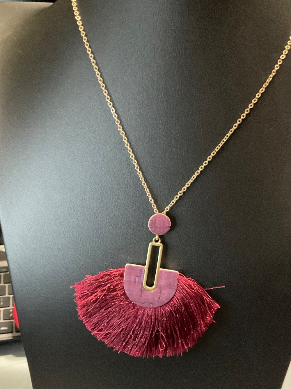 Source Unknown Gold-Tone Necklace with Wine Pink Fringe Pendant
